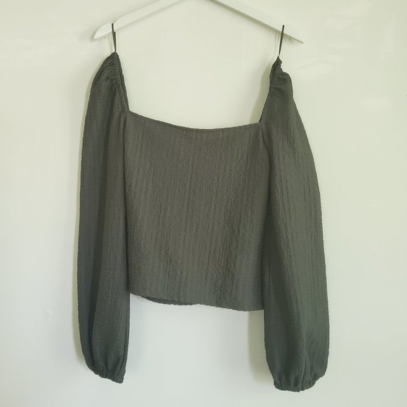 Small Express One Eleven Green Square Neck Ribbed Blouse - Picture 1 of 4